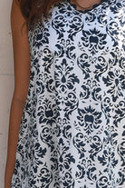 Black and white damask A-line mini dress with lace trim and pockets – boho clothing Australia.
