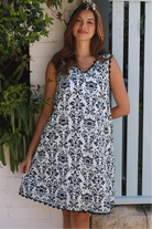 Black and white damask A-line mini dress with lace trim and pockets – boho clothing Australia.