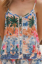 Salty Palm Phoebe rayon top with V-neck, shell buttons, lace inserts and border print, women’s bohemian top