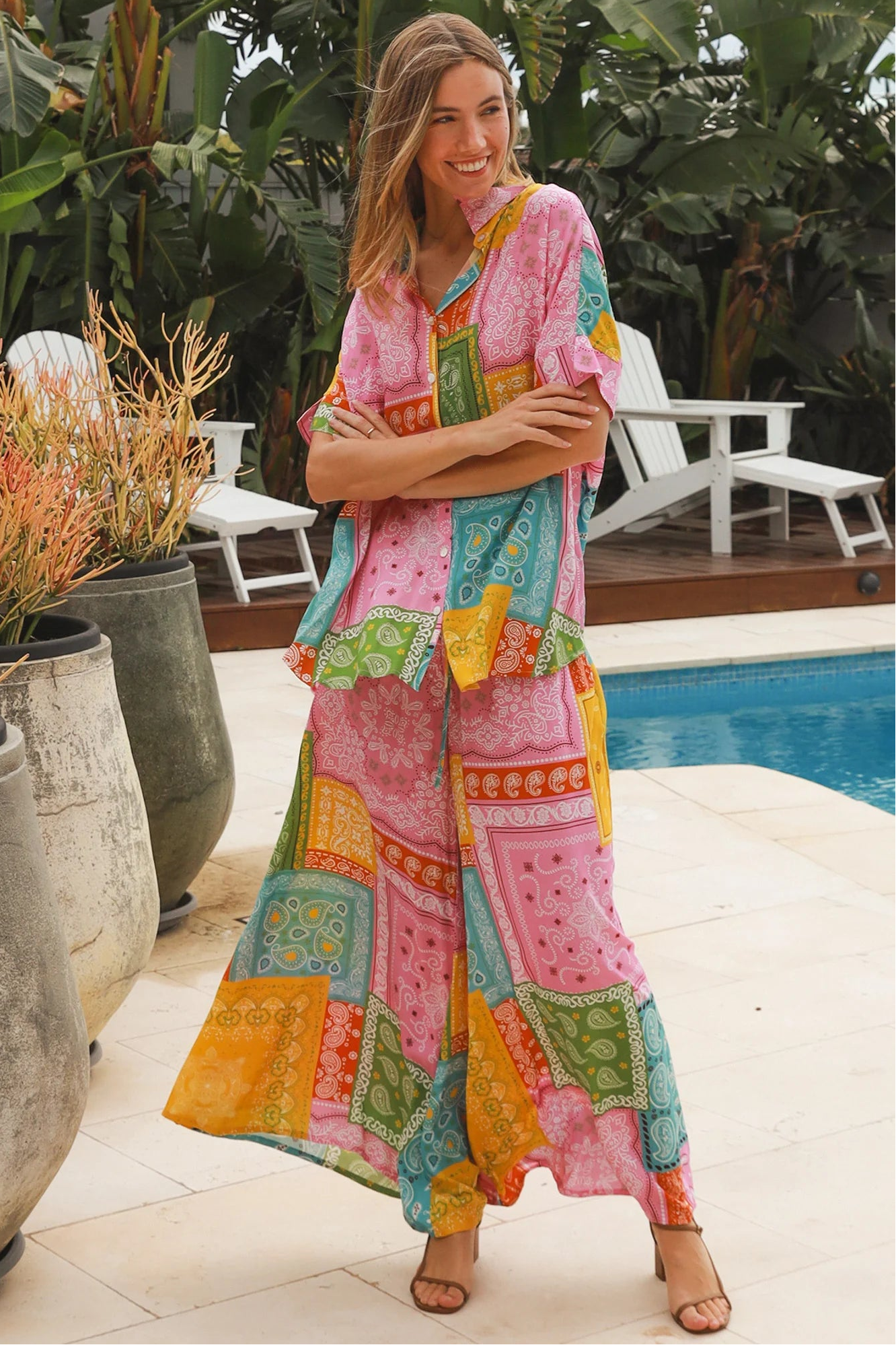 Oversized patchwork paisley boho shirt by Dreamcatcher with colourful bandana print and curved hem