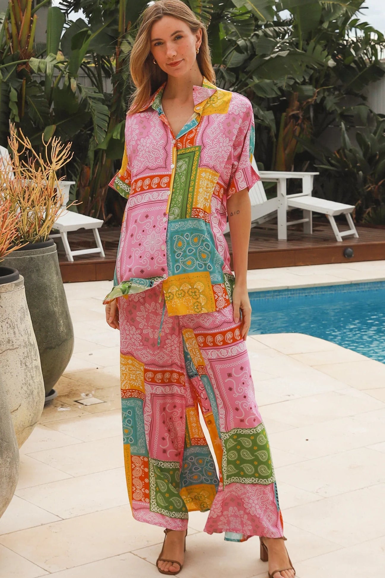 Oversized patchwork paisley boho shirt by Dreamcatcher with colourful bandana print and curved hem