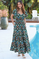  Emily bohemian maxi dress in green rayon with flutter sleeves tiered skirt and shirred back