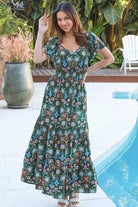  Emily bohemian maxi dress in green rayon with flutter sleeves tiered skirt and shirred back