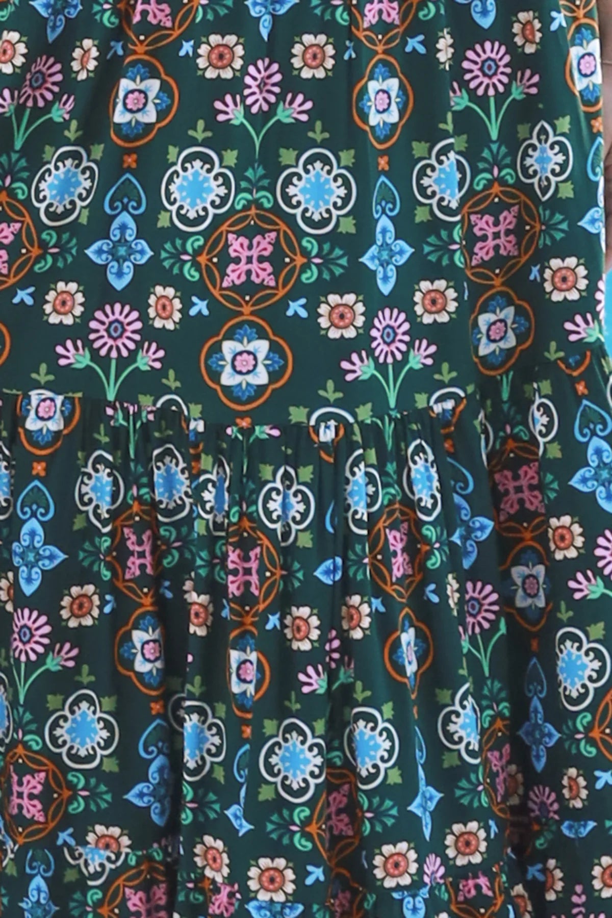 Emily bohemian maxi dress in green rayon with flutter sleeves tiered skirt and shirred back