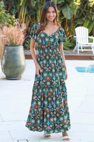  Emily bohemian maxi dress in green rayon with flutter sleeves tiered skirt and shirred back