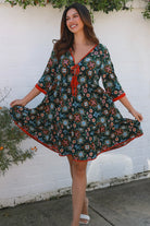 Emily boho mini dress with tie neckline empire waist tiered hem and pockets long sleeve bohemian dress Australia