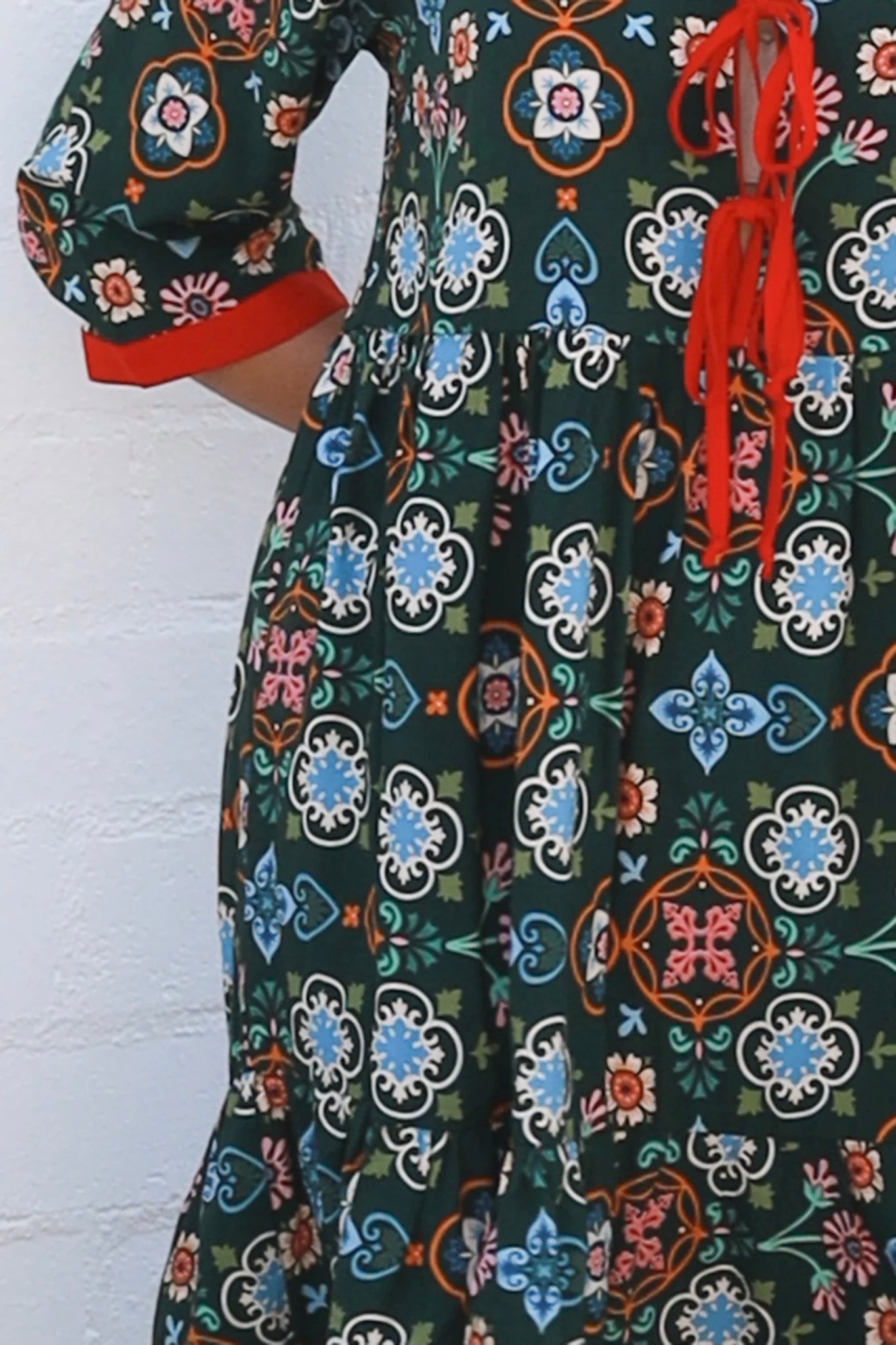 Emily boho mini dress with tie neckline empire waist tiered hem and pockets long sleeve bohemian dress Australia