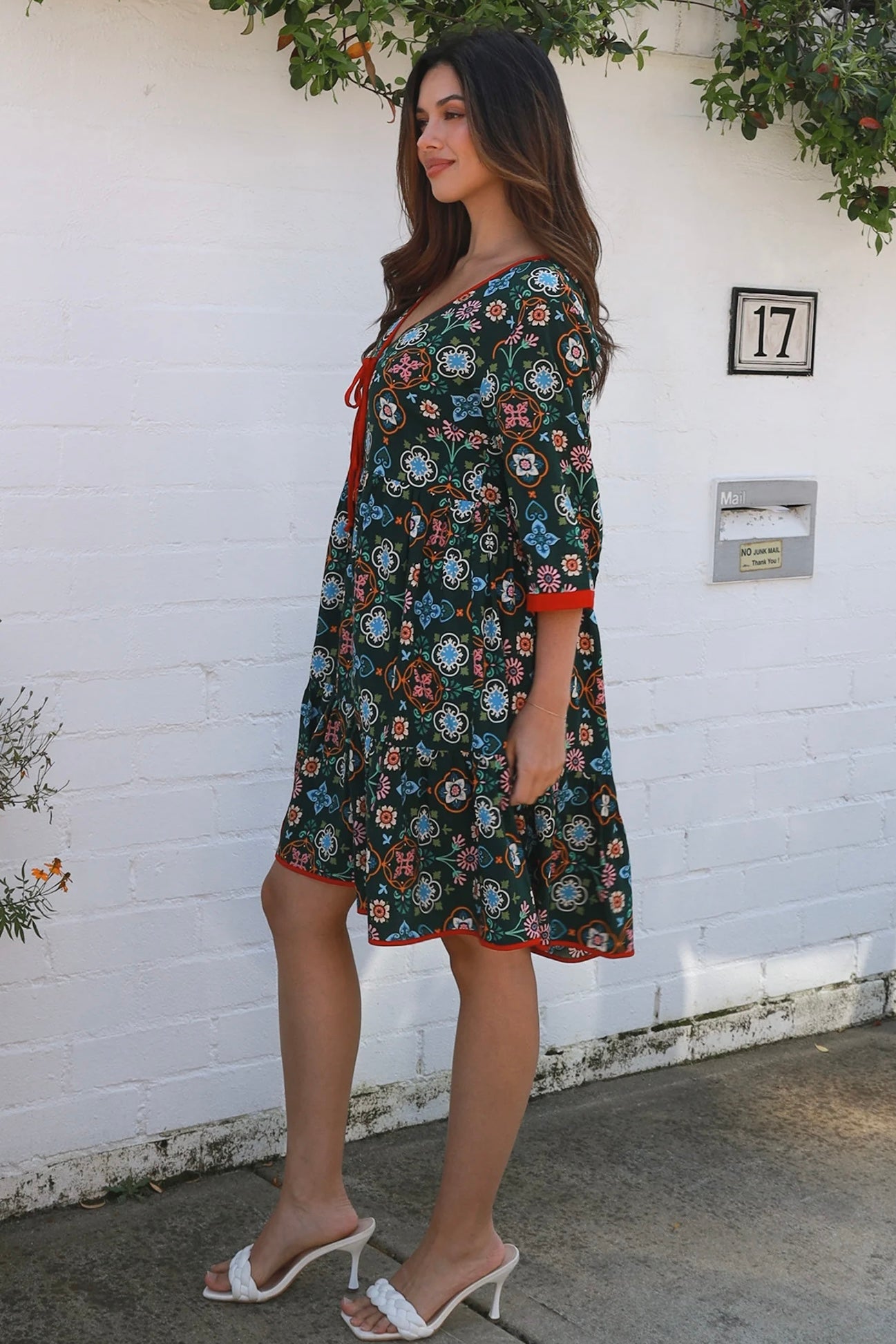 Emily boho mini dress with tie neckline empire waist tiered hem and pockets long sleeve bohemian dress Australia