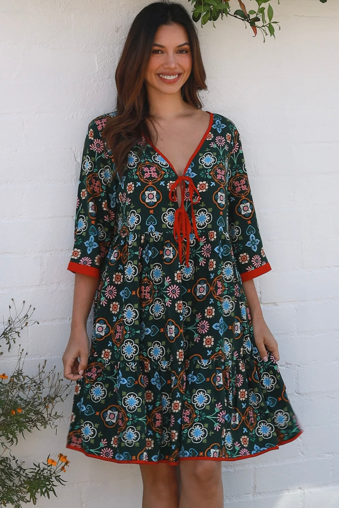 Emily boho mini dress with tie neckline empire waist tiered hem and pockets long sleeve bohemian dress Australia