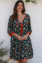 Emily boho mini dress with tie neckline empire waist tiered hem and pockets long sleeve bohemian dress Australia