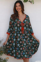 Emily boho mini dress with tie neckline empire waist tiered hem and pockets long sleeve bohemian dress Australia