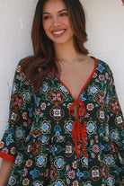 Emily boho mini dress with tie neckline empire waist tiered hem and pockets long sleeve bohemian dress Australia