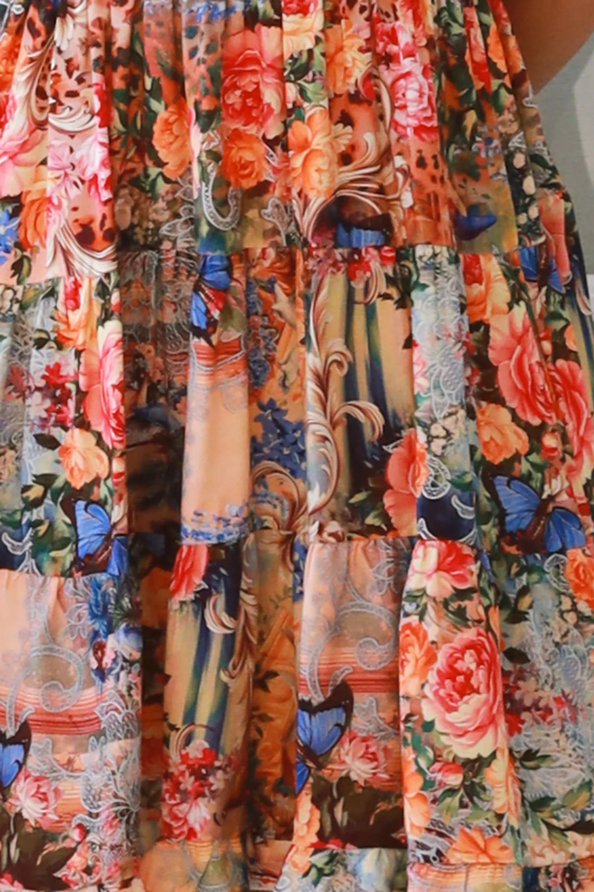 Boho mini dress in 100% rayon with floral butterfly print, shirred bodice and voluminous sleeves - designer bohemian style Australia.