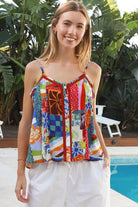Ingrid rayon swing cami top in retro patchwork print with lace trim and shell buttons by Salty Palm