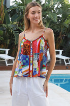 Ingrid rayon swing cami top in retro patchwork print with lace trim and shell buttons by Salty Palm