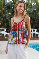 Ingrid rayon swing cami top in retro patchwork print with lace trim and shell buttons by Salty Palm