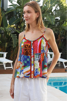 Ingrid rayon swing cami top in retro patchwork print with lace trim and shell buttons by Salty Palm