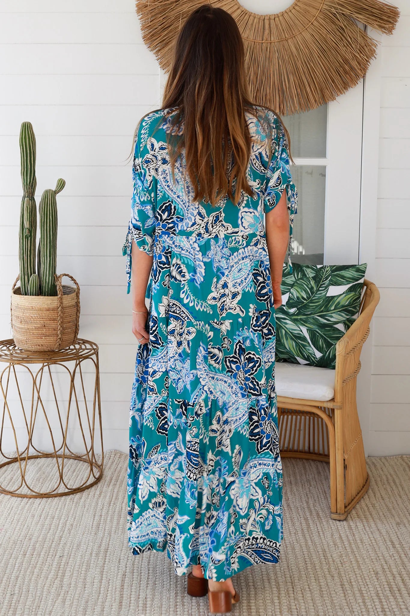 Oceane Paisley boho maxi dress in teal with tassel ties, ruched sleeves, oversized tiered skirt, side pockets, relaxed style, 100% rayon