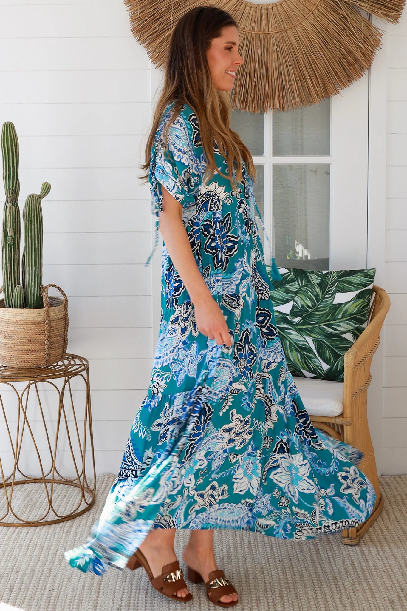 Oceane Paisley boho maxi dress in teal with tassel ties, ruched sleeves, oversized tiered skirt, side pockets, relaxed style, 100% rayon