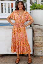 Sunset Mosaic boho midi dress in vintage 70's mosaic print with tassel necktie, lace insert and frill hemline - Designed in Australia.