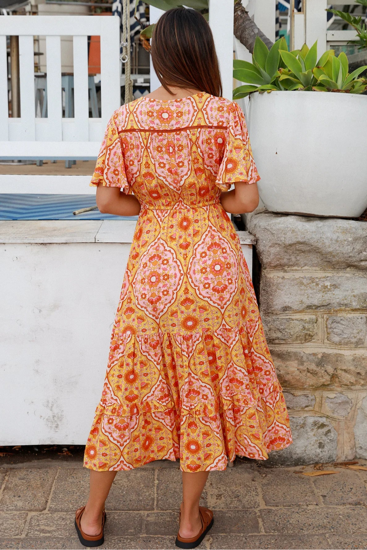 Sunset Mosaic boho midi dress in vintage 70's mosaic print with tassel necktie, lace insert and frill hemline - Designed in Australia.