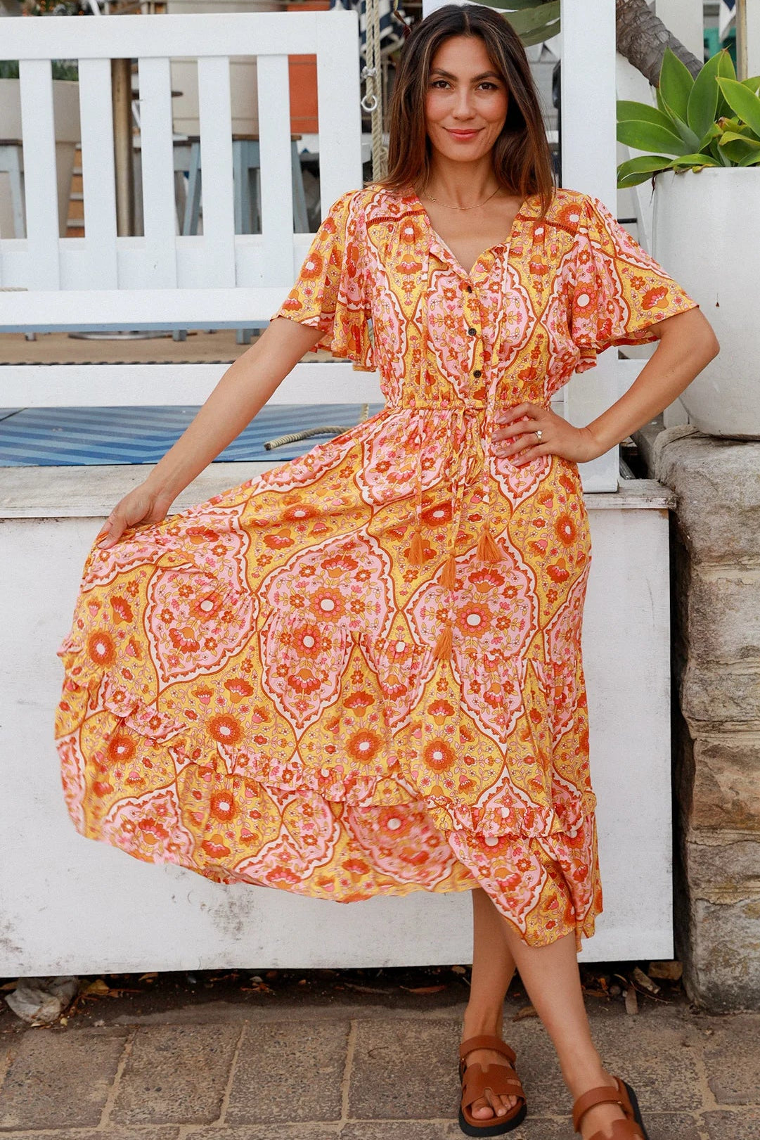 Sunset Mosaic boho midi dress in vintage 70's mosaic print with tassel necktie, lace insert and frill hemline - Designed in Australia.