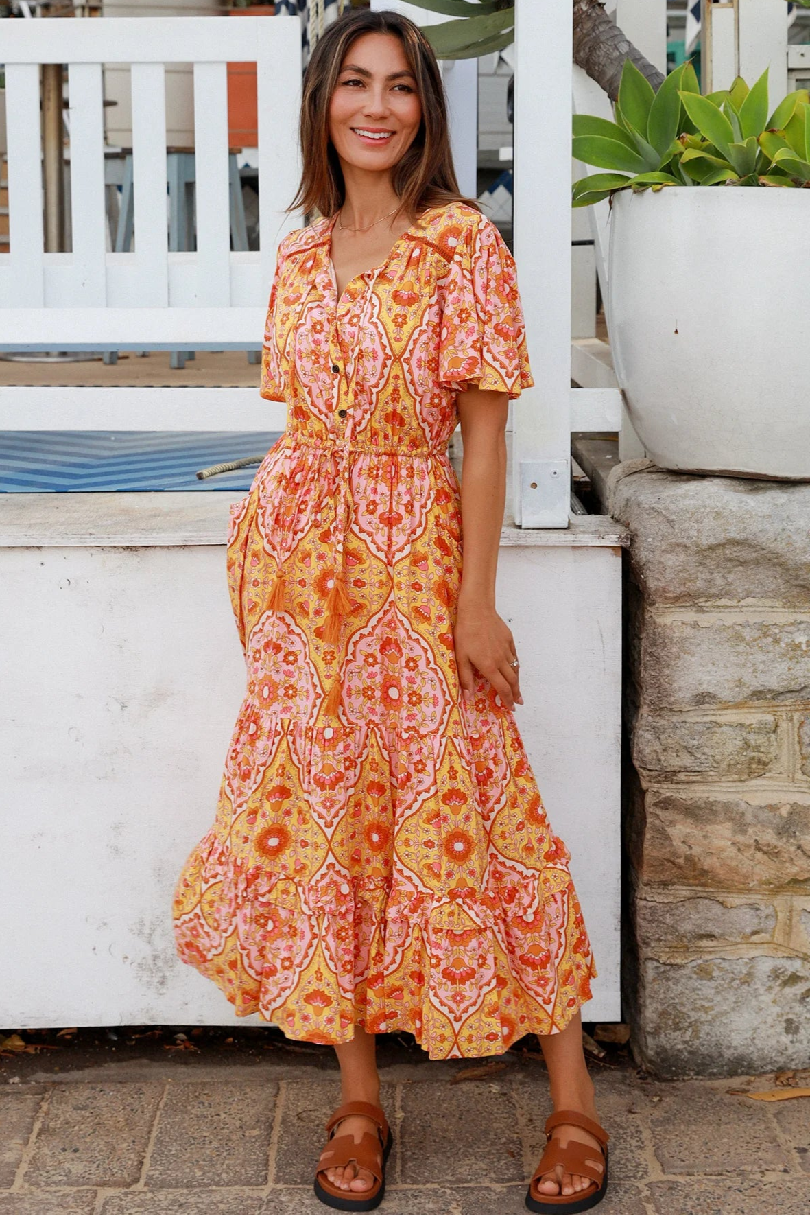 Sunset Mosaic boho midi dress in vintage 70's mosaic print with tassel necktie, lace insert and frill hemline - Designed in Australia.