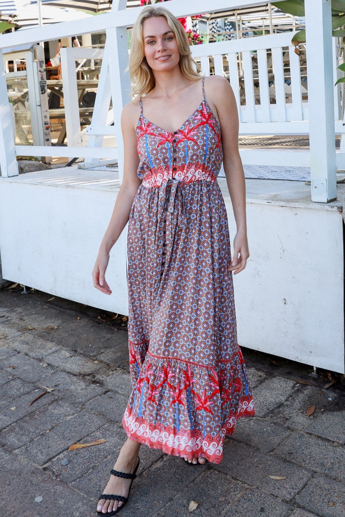 Islay Dream Maxi boho dress with geometric palm print and button-down bodice