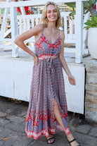 Islay Dream Maxi boho dress with geometric palm print and button-down bodice