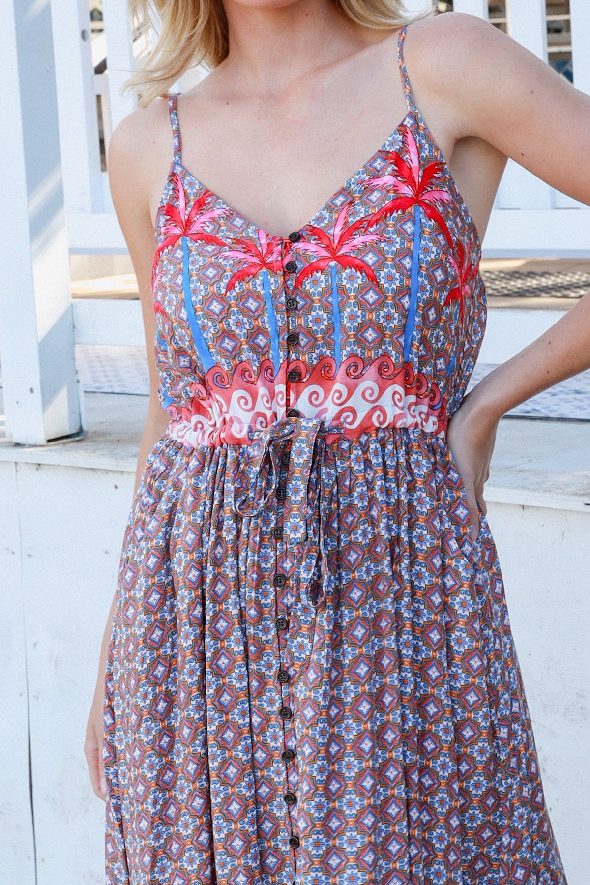 Islay Dream Maxi boho dress with geometric palm print and button-down bodice