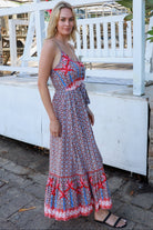 Islay Dream Maxi boho dress with geometric palm print and button-down bodice