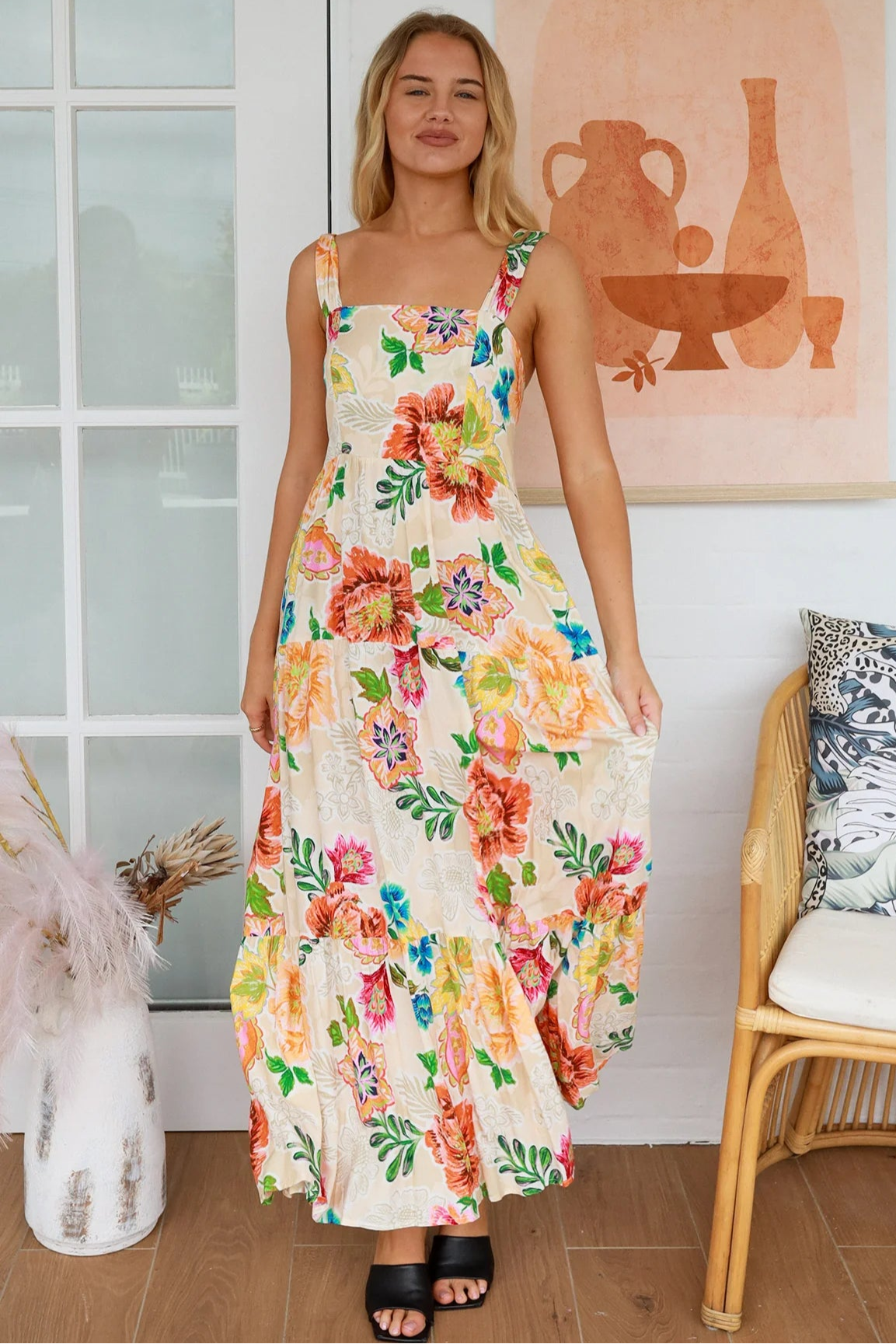 Garden Wonders Maxi Dress in rayon with floral print, square neckline, shirred back panel and the bow - boho maxi at bohemian Love Runway 