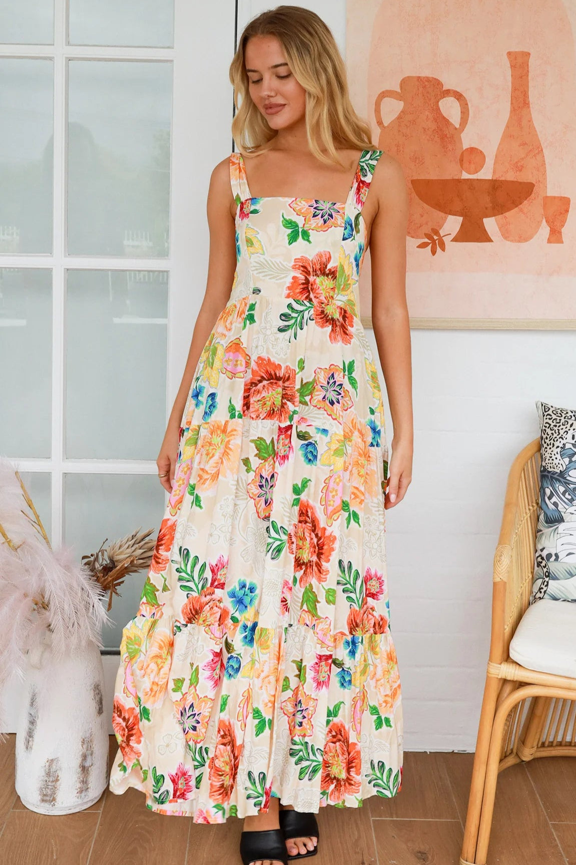 Garden Wonders Maxi Dress in rayon with floral print, square neckline, shirred back panel and the bow - boho maxi at bohemian Love Runway 