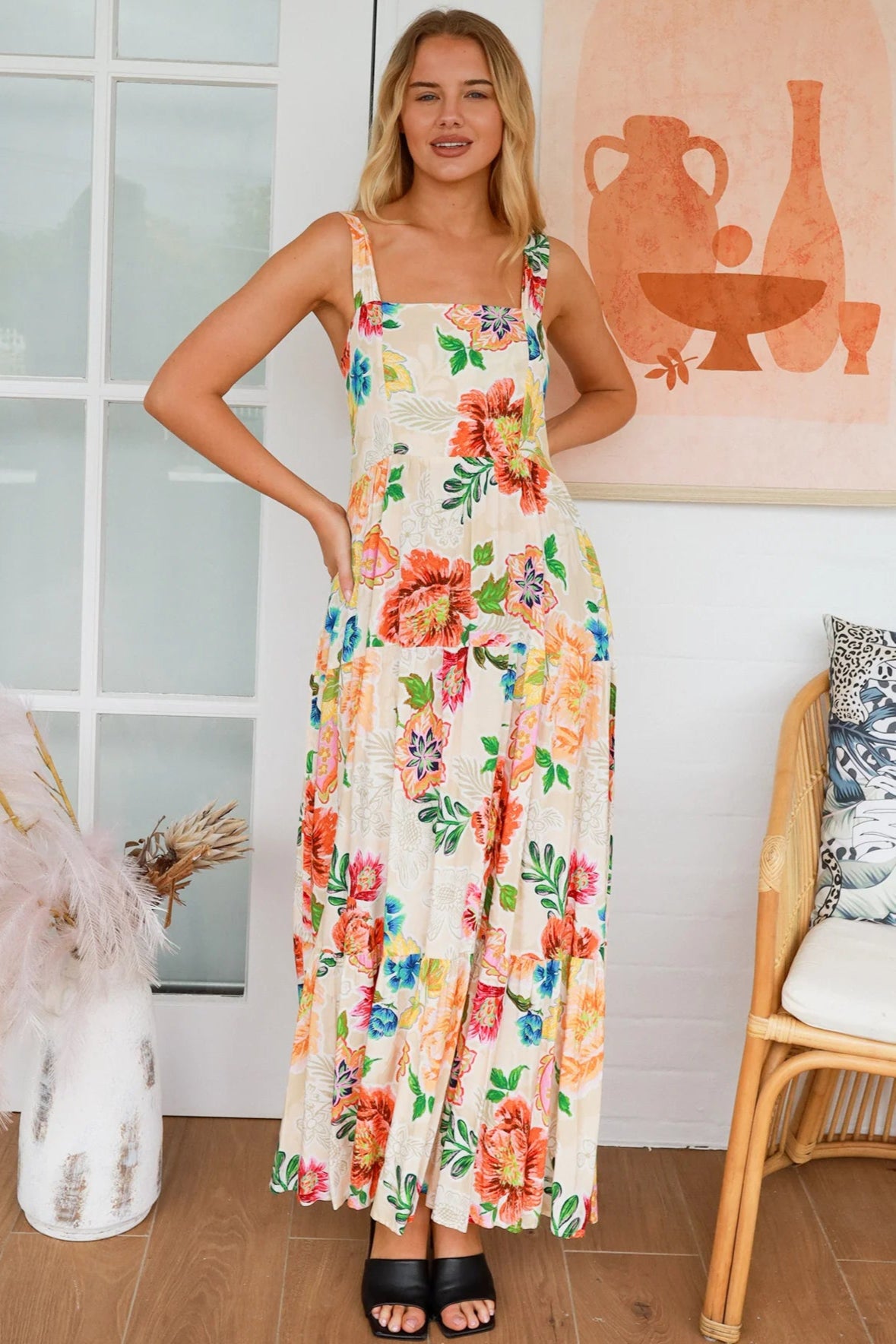 Garden Wonders Maxi Dress in rayon with floral print, square neckline, shirred back panel and the bow - boho maxi at bohemian Love Runway 