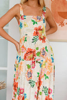 Garden Wonders Maxi Dress in rayon with floral print, square neckline, shirred back panel and the bow - boho maxi at bohemian Love Runway 