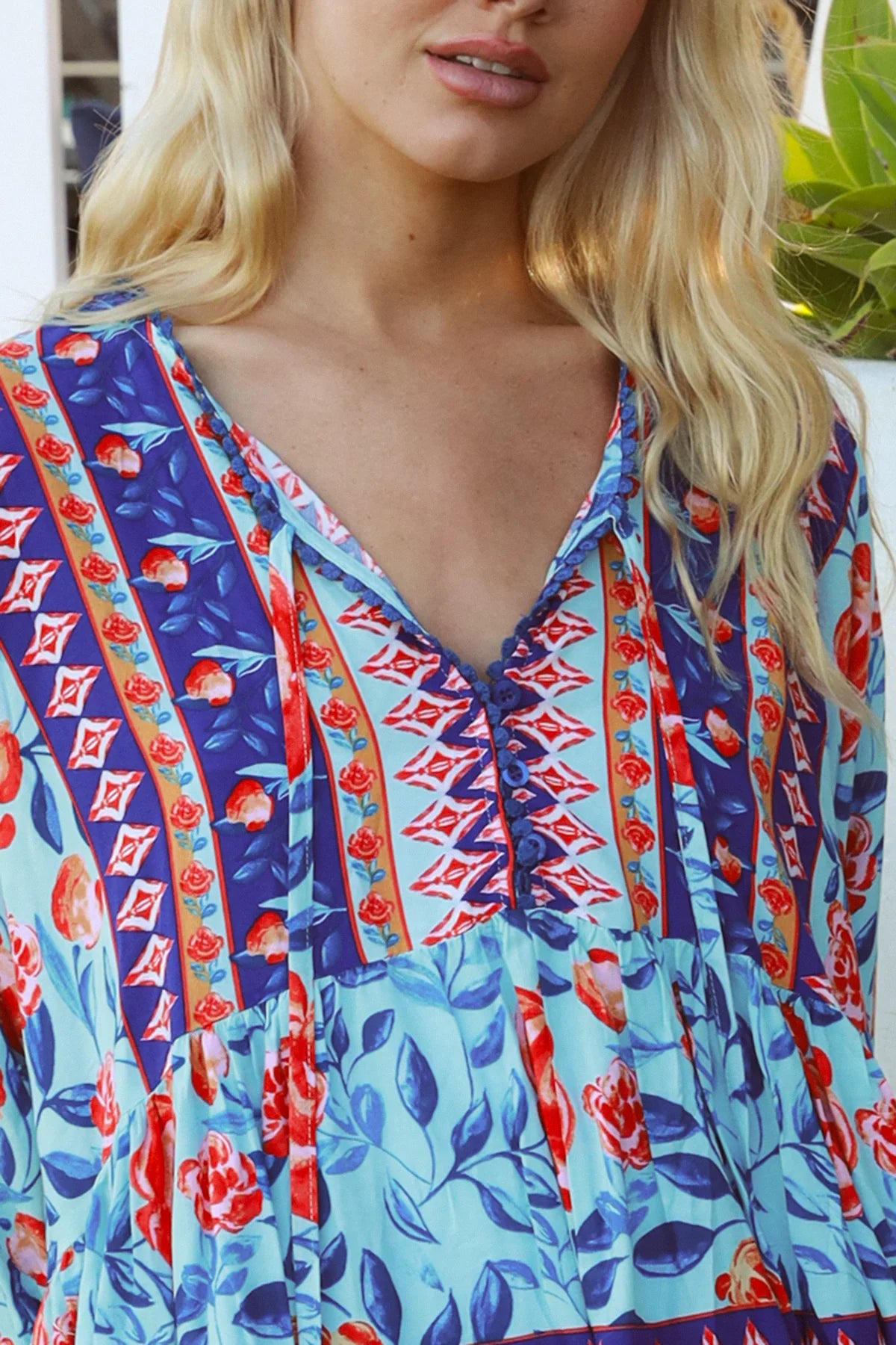 Boho woman wearing Clarice Rose Top with button front and elastic sleeves - Australian boho fashion - Bohemian Love Runway 