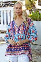Boho woman wearing Clarice Rose Top with button front and elastic sleeves - Australian boho fashion - Bohemian Love Runway 