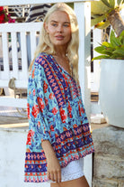 Boho woman wearing Clarice Rose Top with button front and elastic sleeves - Australian boho fashion - Bohemian Love Runway 