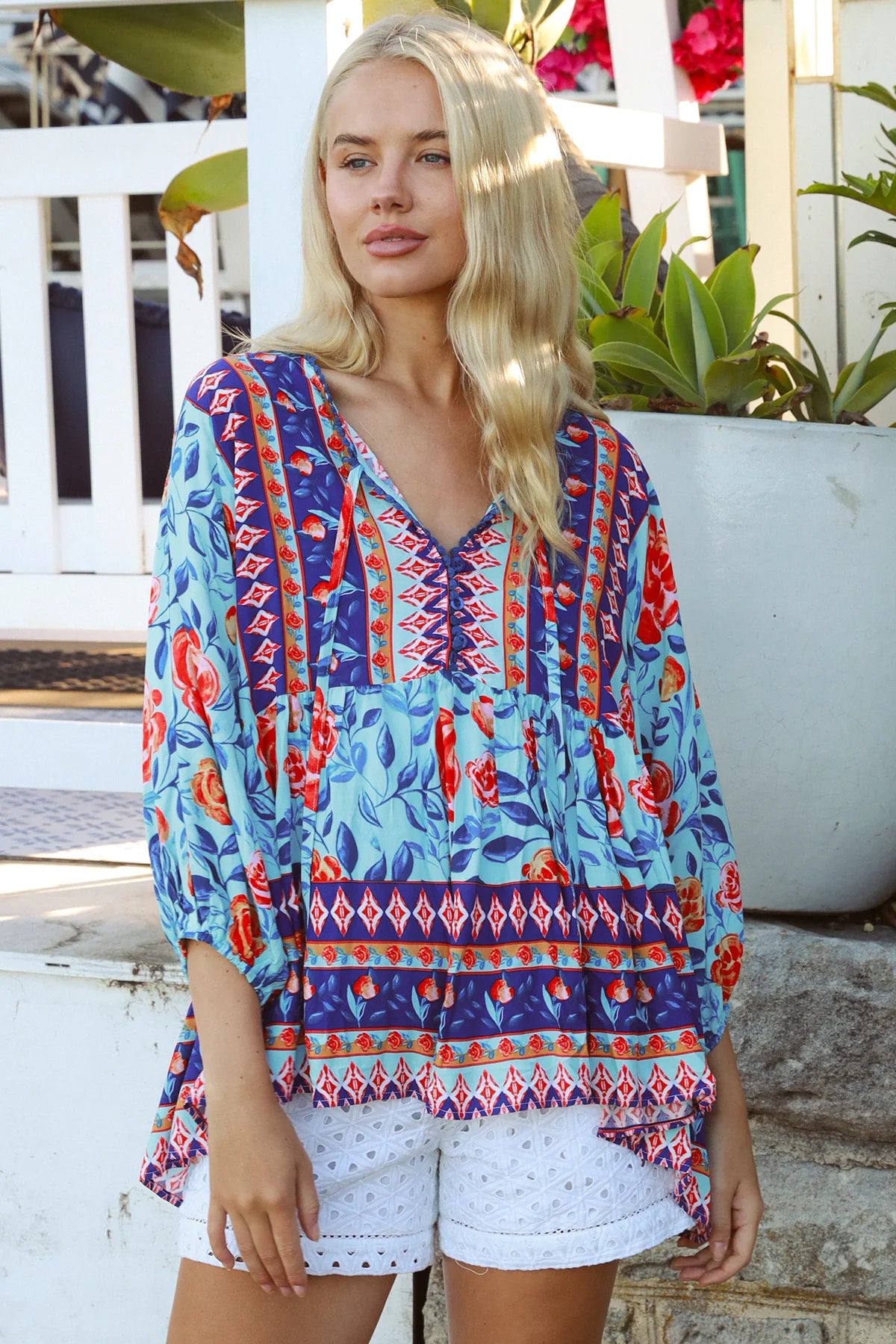 Boho woman wearing Clarice Rose Top with button front and elastic sleeves - Australian boho fashion - Bohemian Love Runway 