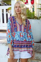 Boho woman wearing Clarice Rose Top with button front and elastic sleeves - Australian boho fashion - Bohemian Love Runway 
