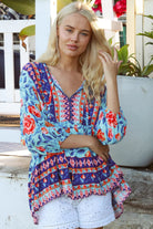 Boho woman wearing Clarice Rose Top with button front and elastic sleeves - Australian boho fashion - Bohemian Love Runway 