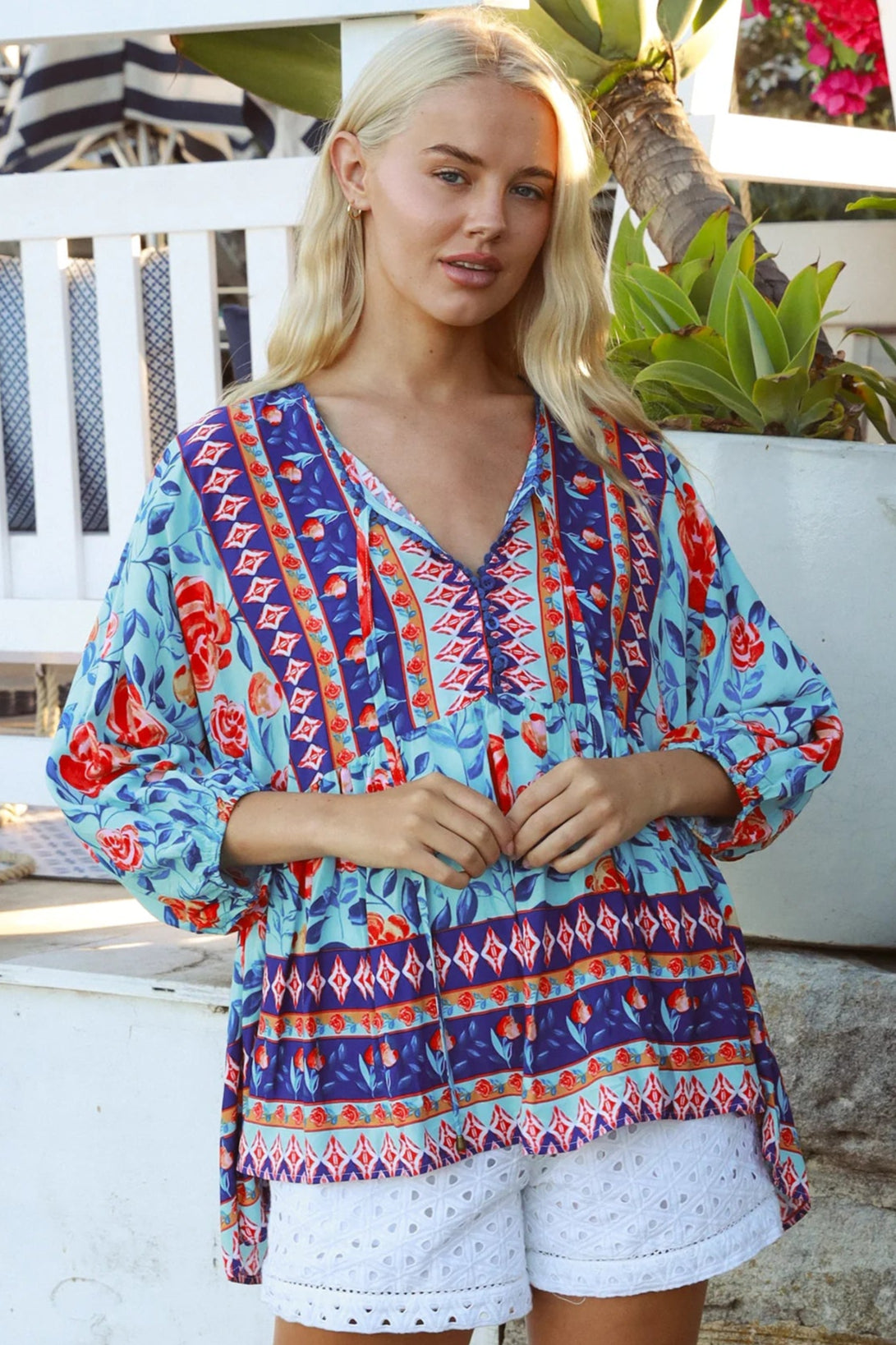 Boho woman wearing Clarice Rose Top with button front and elastic sleeves - Australian boho fashion - Bohemian Love Runway 