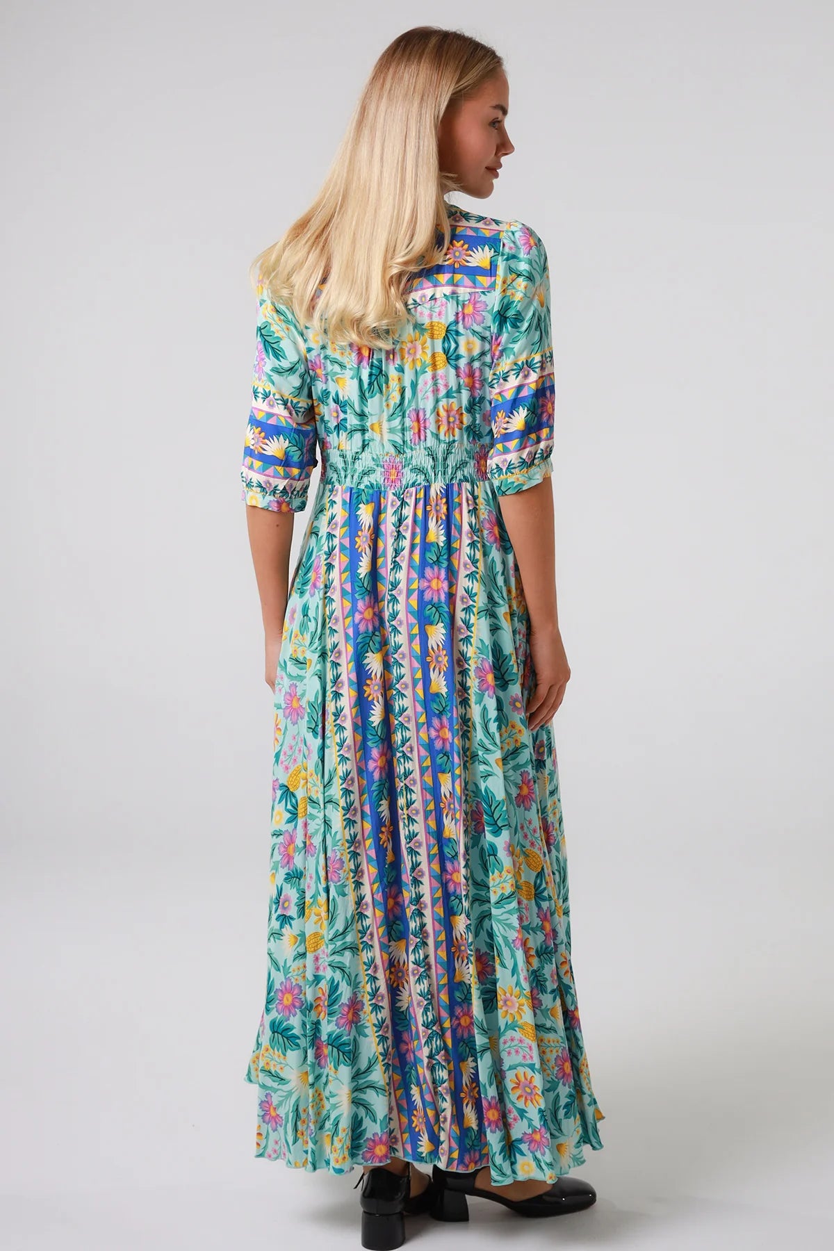 Violetta Maxi Dress in mint aqua with magenta florals border print button-through waist tie half sleeves - boho maxi dress Australia