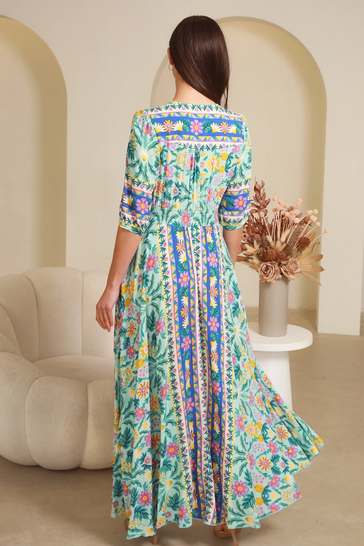 Violetta Maxi Dress in mint aqua with magenta florals border print button-through waist tie half sleeves - boho maxi dress Australia