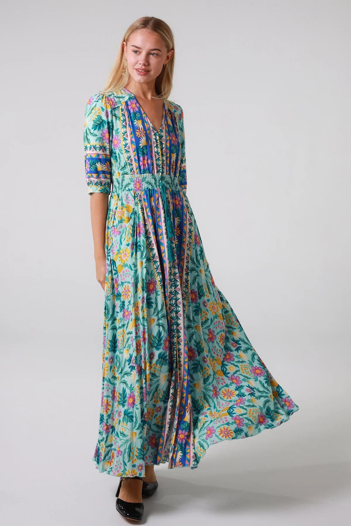 Violetta Maxi Dress in mint aqua with magenta florals border print button-through waist tie half sleeves - boho maxi dress Australia