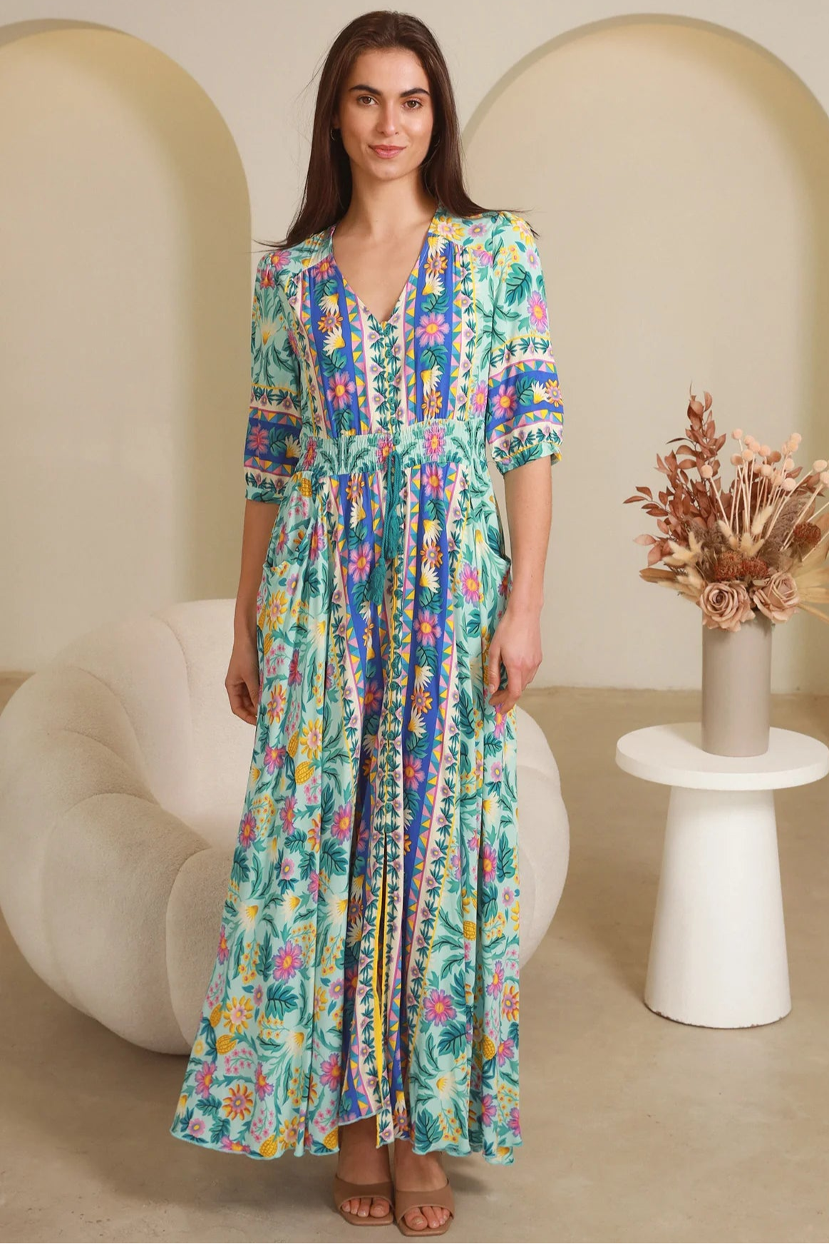 Violetta Maxi Dress in mint aqua with magenta florals border print button-through waist tie half sleeves - boho maxi dress Australia