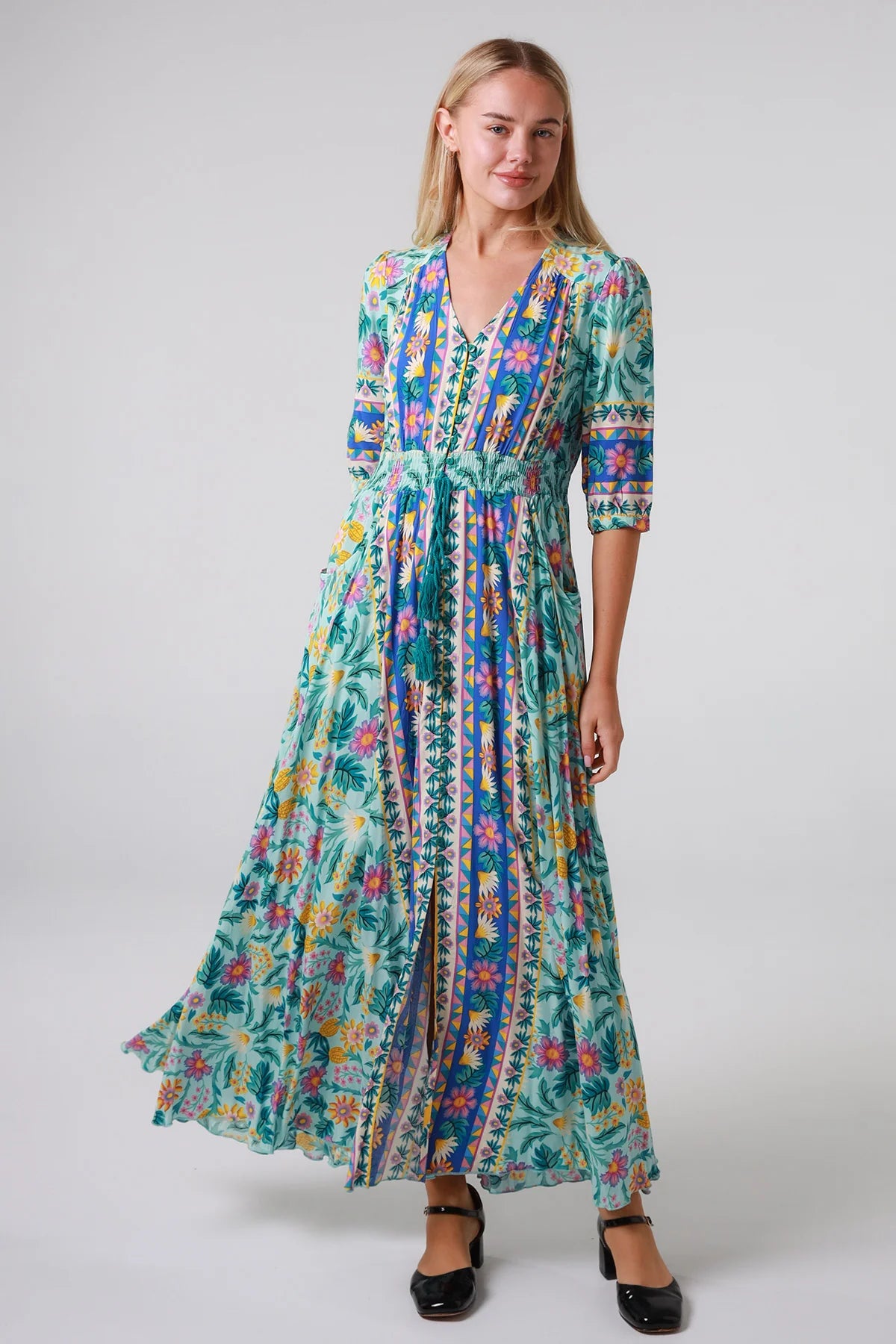 Violetta Maxi Dress in mint aqua with magenta florals border print button-through waist tie half sleeves - boho maxi dress Australia