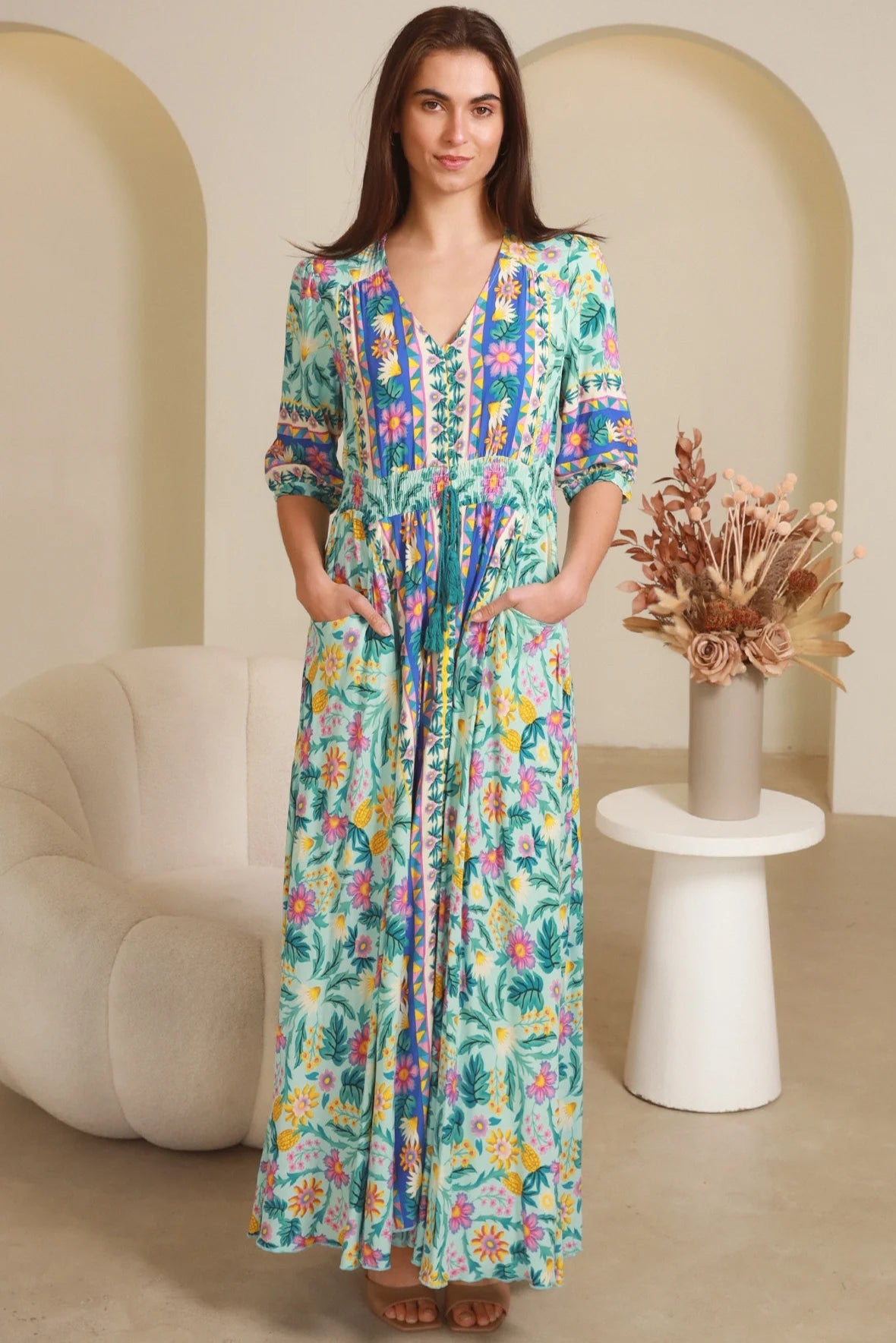 Violetta Maxi Dress in mint aqua with magenta florals border print button-through waist tie half sleeves - boho maxi dress Australia