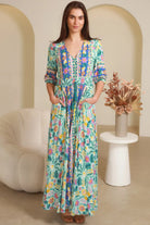 Violetta Maxi Dress in mint aqua with magenta florals border print button-through waist tie half sleeves - boho maxi dress Australia
