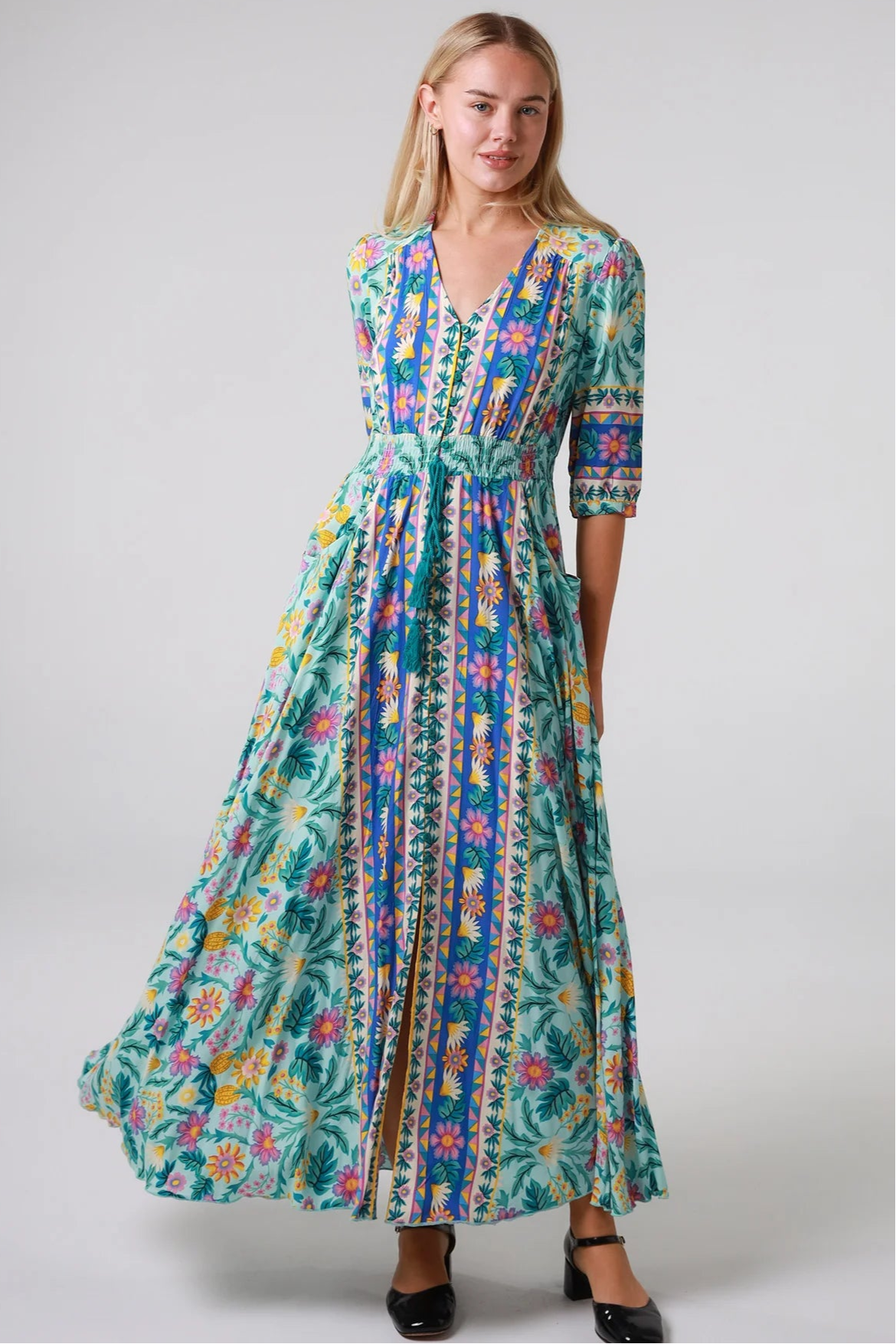 Violetta Maxi Dress in mint aqua with magenta florals border print button-through waist tie half sleeves - boho maxi dress Australia